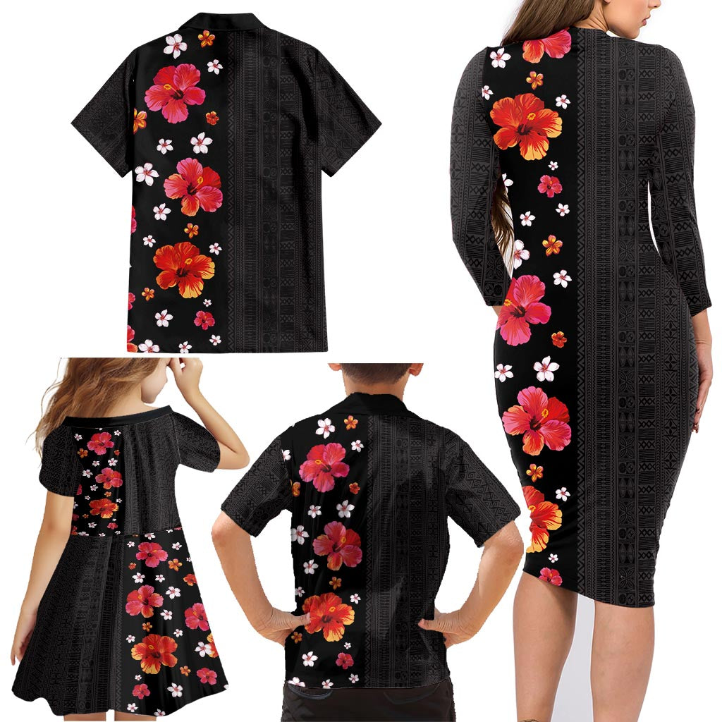 Hawaii Hibiscus and Plumeria Flowers Family Matching Long Sleeve Bodycon Dress and Hawaiian Shirt Tapa Tribal Pattern Half Style Colorful Mode LT03 - Polynesian Pride