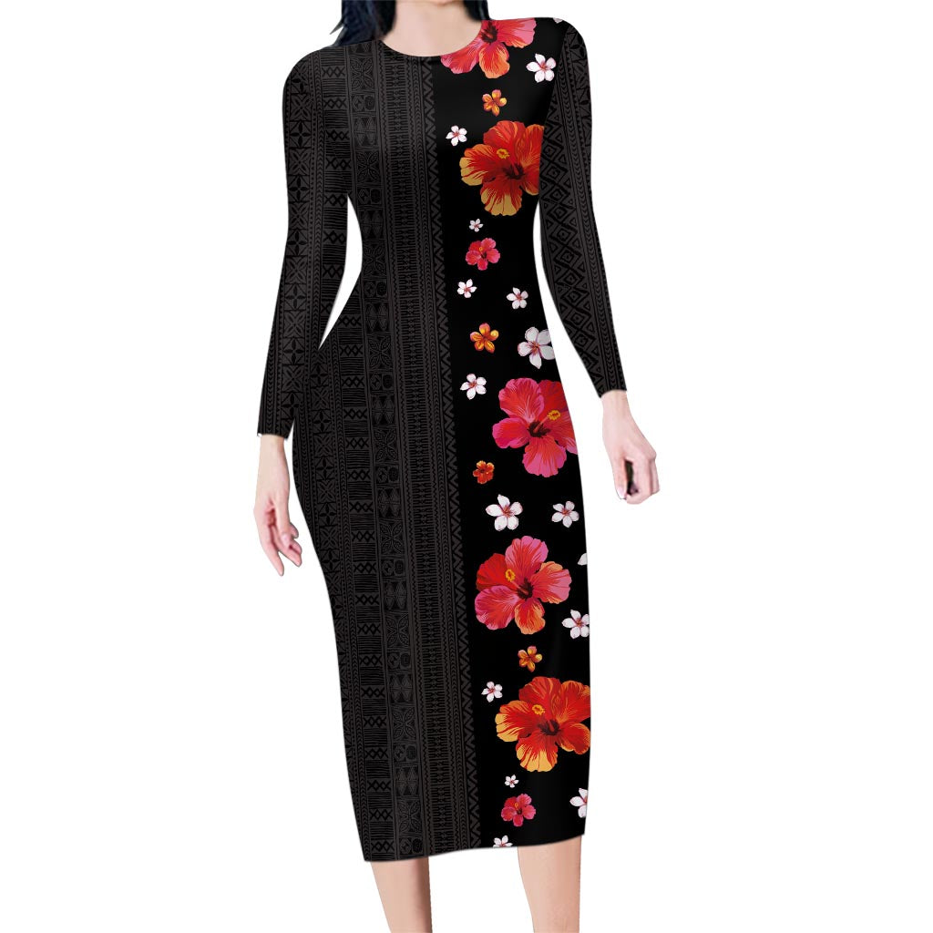 Hawaii Hibiscus and Plumeria Flowers Family Matching Long Sleeve Bodycon Dress and Hawaiian Shirt Tapa Tribal Pattern Half Style Colorful Mode LT03 Mom's Dress Black - Polynesian Pride