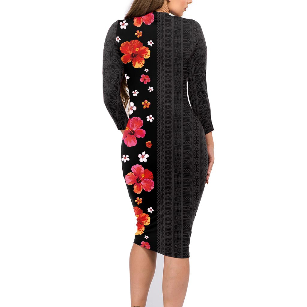 Hawaii Hibiscus and Plumeria Flowers Family Matching Long Sleeve Bodycon Dress and Hawaiian Shirt Tapa Tribal Pattern Half Style Colorful Mode LT03 - Polynesian Pride