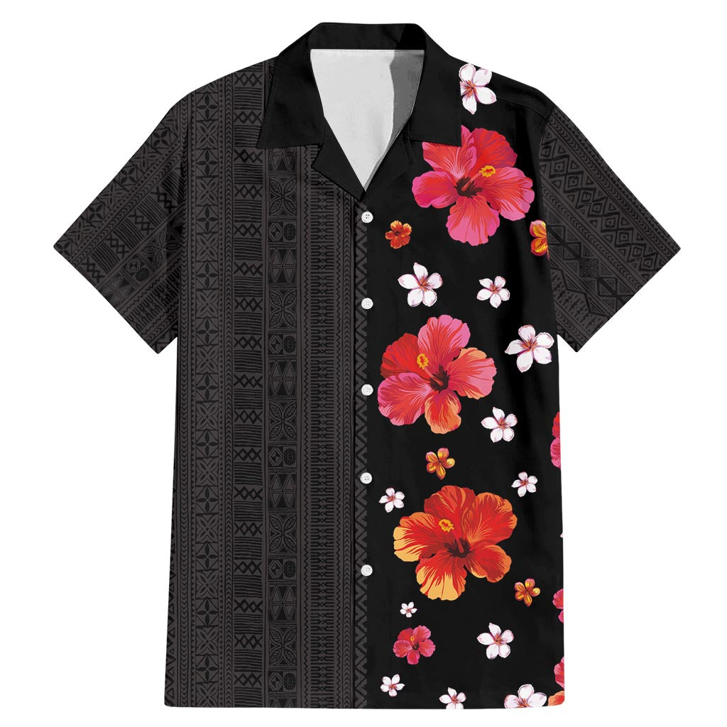 Hawaii Hibiscus and Plumeria Flowers Family Matching Mermaid Dress and Hawaiian Shirt Tapa Tribal Pattern Half Style Colorful Mode LT03 Dad's Shirt - Short Sleeve Black - Polynesian Pride