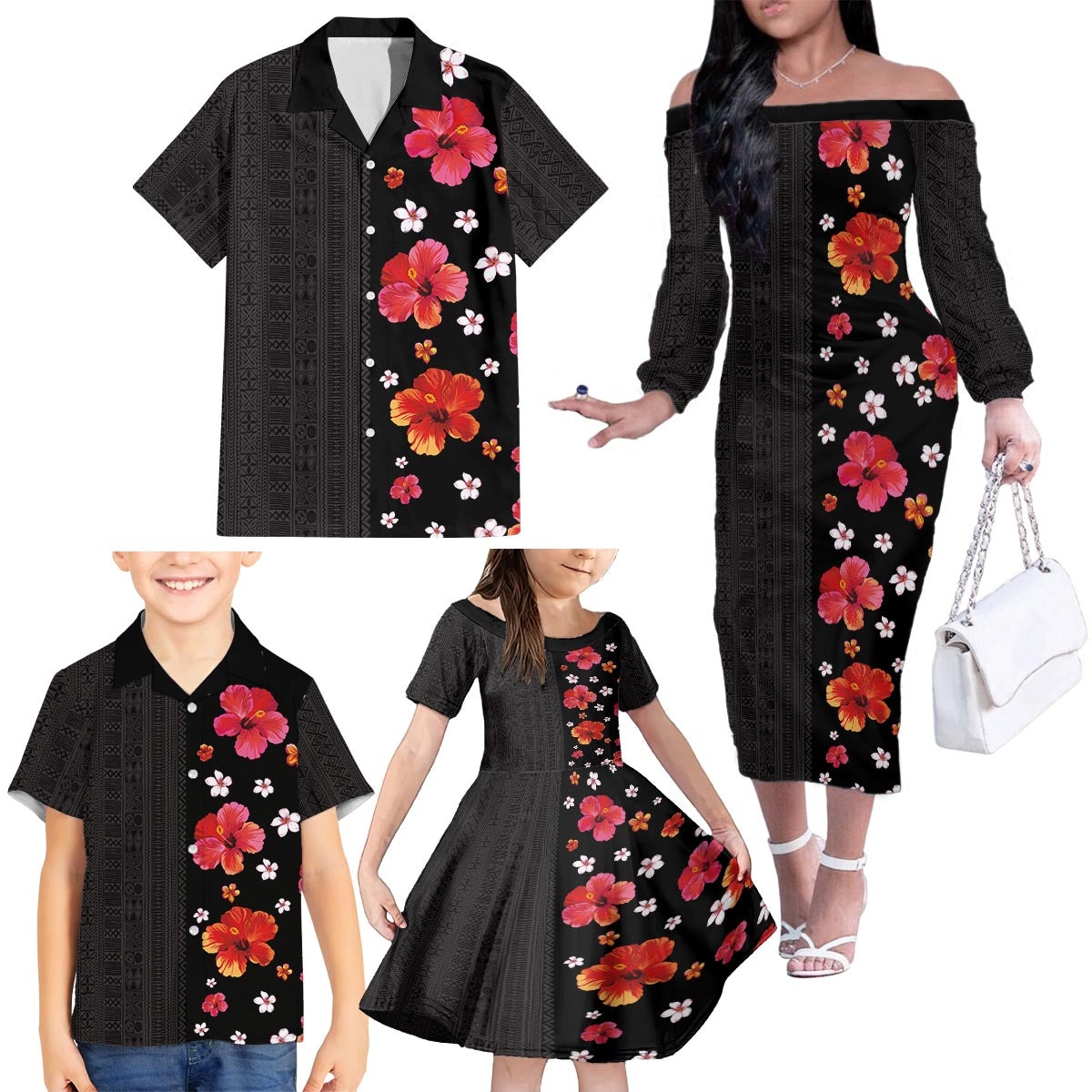 Hawaii Hibiscus and Plumeria Flowers Family Matching Off The Shoulder Long Sleeve Dress and Hawaiian Shirt Tapa Tribal Pattern Half Style Colorful Mode LT03 - Polynesian Pride