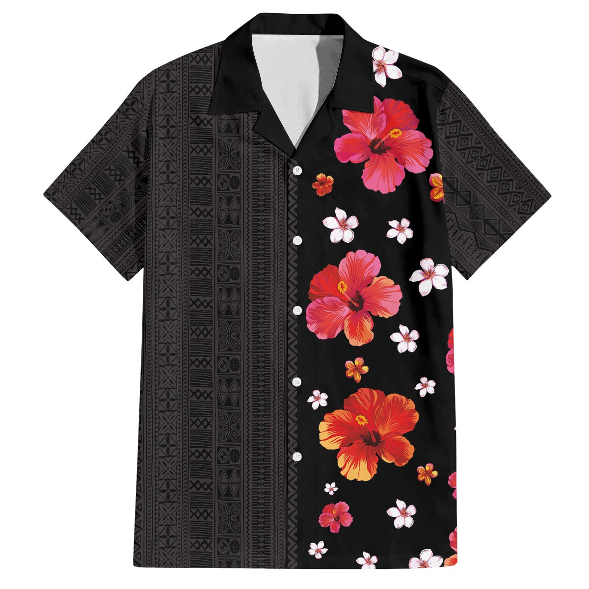 Hawaii Hibiscus and Plumeria Flowers Family Matching Off The Shoulder Long Sleeve Dress and Hawaiian Shirt Tapa Tribal Pattern Half Style Colorful Mode LT03 Dad's Shirt - Short Sleeve Black - Polynesian Pride