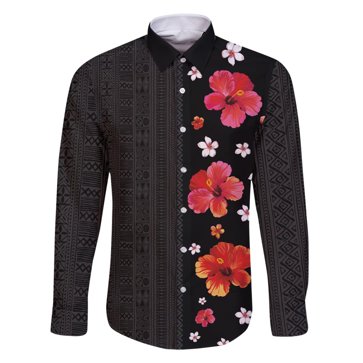 Hawaii Hibiscus and Plumeria Flowers Family Matching Off The Shoulder Long Sleeve Dress and Hawaiian Shirt Tapa Tribal Pattern Half Style Colorful Mode LT03 Dad's Shirt - Long Sleeve Black - Polynesian Pride