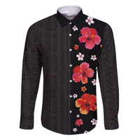 Hawaii Hibiscus and Plumeria Flowers Family Matching Off The Shoulder Long Sleeve Dress and Hawaiian Shirt Tapa Tribal Pattern Half Style Colorful Mode LT03 Dad's Shirt - Long Sleeve Black - Polynesian Pride