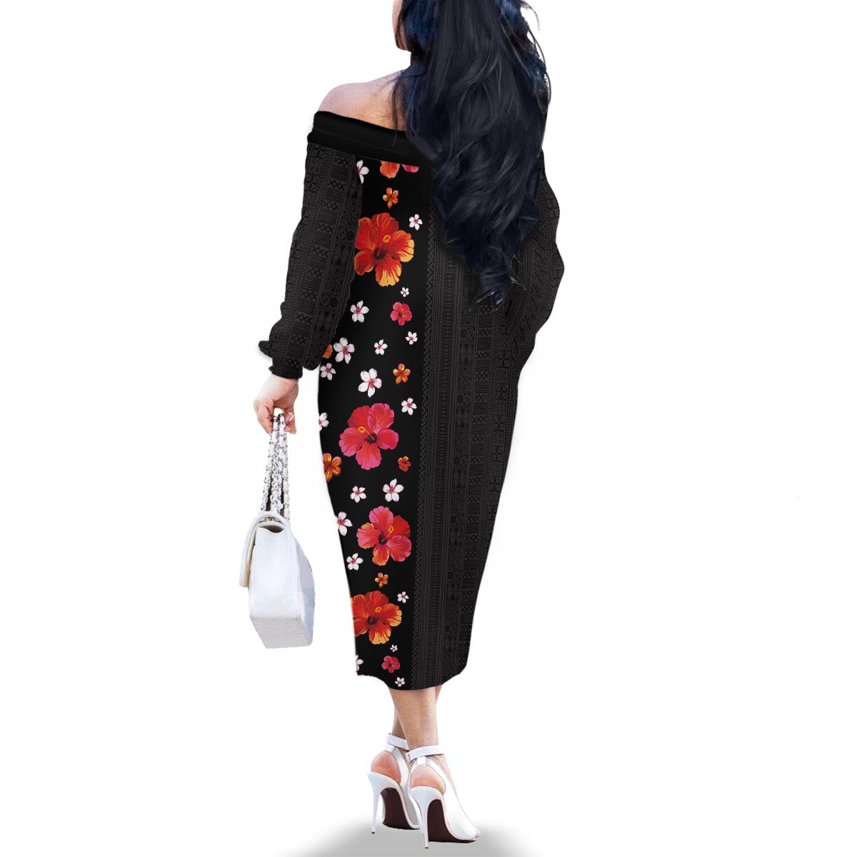 Hawaii Hibiscus and Plumeria Flowers Family Matching Off The Shoulder Long Sleeve Dress and Hawaiian Shirt Tapa Tribal Pattern Half Style Colorful Mode LT03 - Polynesian Pride