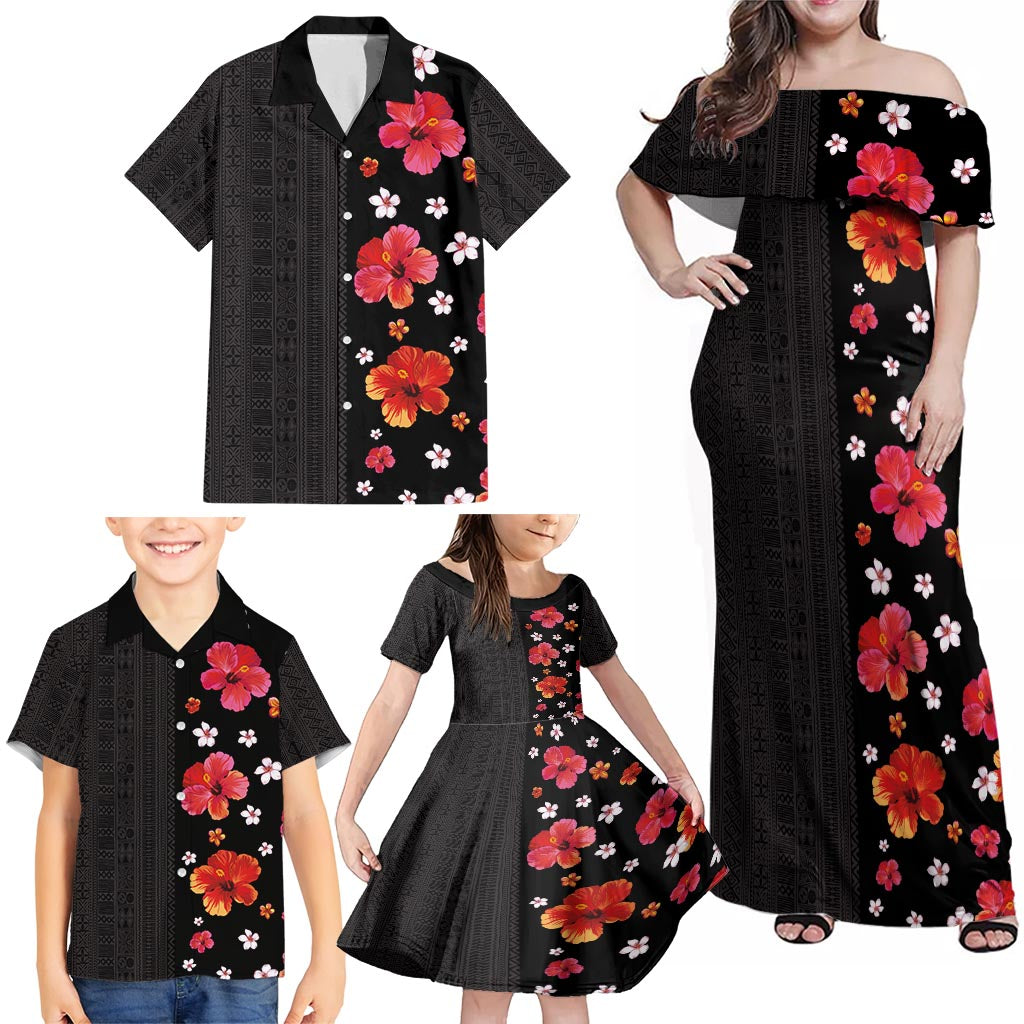 Hawaii Hibiscus and Plumeria Flowers Family Matching Off Shoulder Maxi Dress and Hawaiian Shirt Tapa Tribal Pattern Half Style Colorful Mode LT03 - Polynesian Pride
