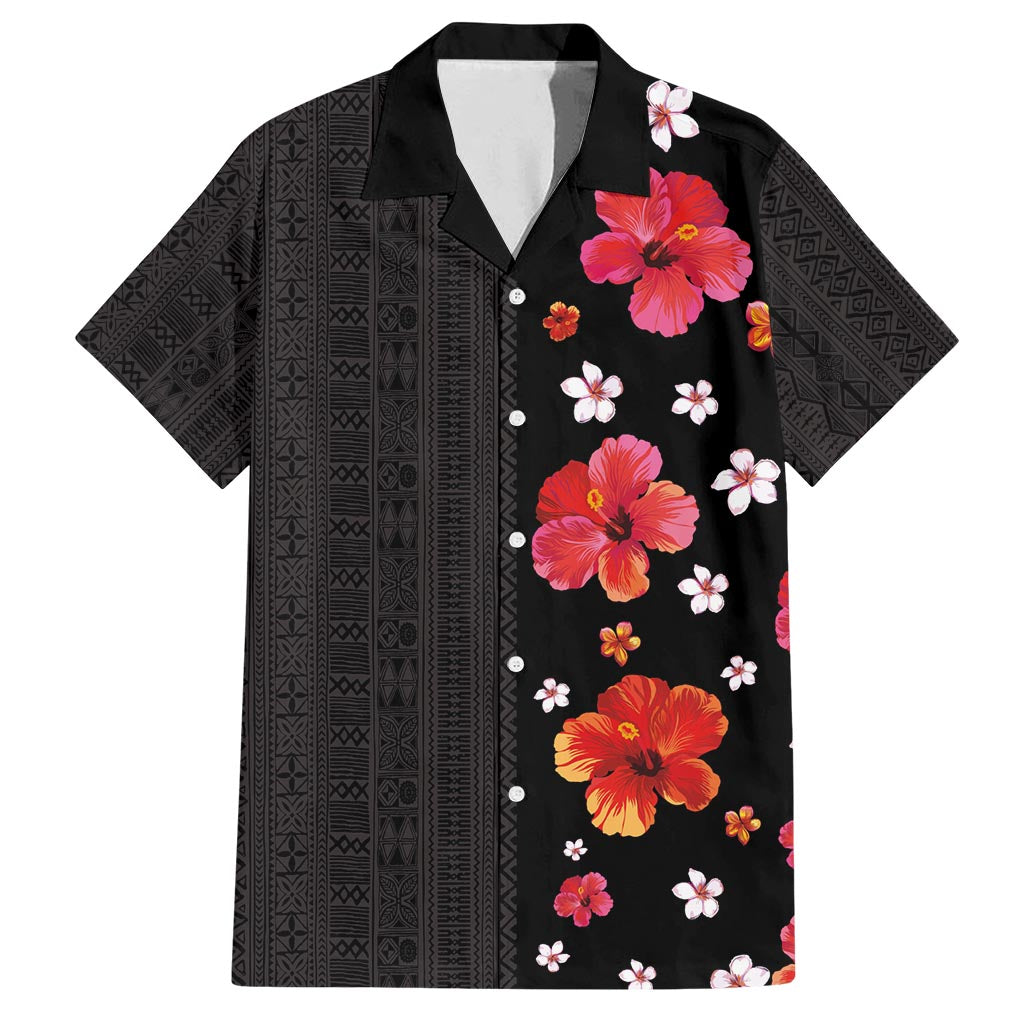 Hawaii Hibiscus and Plumeria Flowers Family Matching Off Shoulder Maxi Dress and Hawaiian Shirt Tapa Tribal Pattern Half Style Colorful Mode LT03 Dad's Shirt - Short Sleeve Black - Polynesian Pride