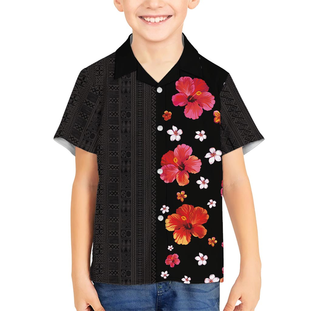 Hawaii Hibiscus and Plumeria Flowers Family Matching Off Shoulder Maxi Dress and Hawaiian Shirt Tapa Tribal Pattern Half Style Colorful Mode LT03 Son's Shirt Black - Polynesian Pride
