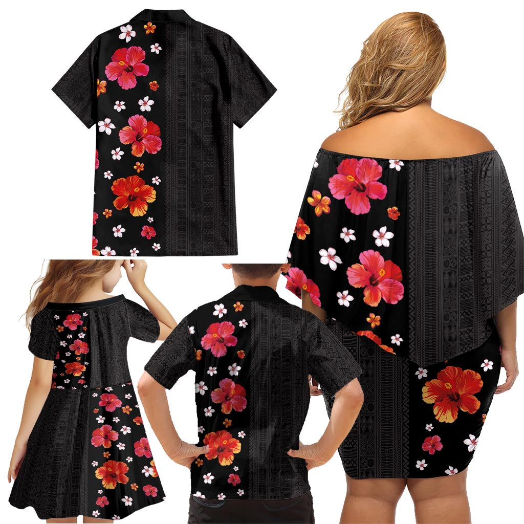 Hawaii Hibiscus and Plumeria Flowers Family Matching Off Shoulder Short Dress and Hawaiian Shirt Tapa Tribal Pattern Half Style Colorful Mode LT03 - Polynesian Pride