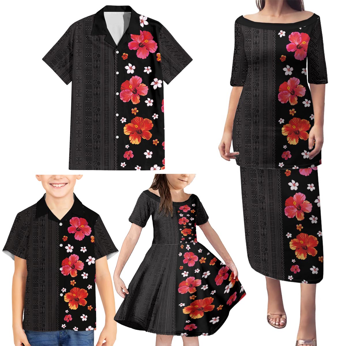 Hawaii Hibiscus and Plumeria Flowers Family Matching Puletasi and Hawaiian Shirt Tapa Tribal Pattern Half Style Colorful Mode LT03 - Polynesian Pride