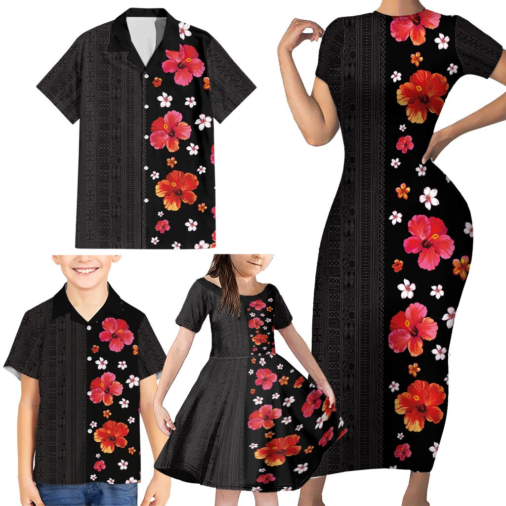 Hawaii Hibiscus and Plumeria Flowers Family Matching Short Sleeve Bodycon Dress and Hawaiian Shirt Tapa Tribal Pattern Half Style Colorful Mode LT03 - Polynesian Pride