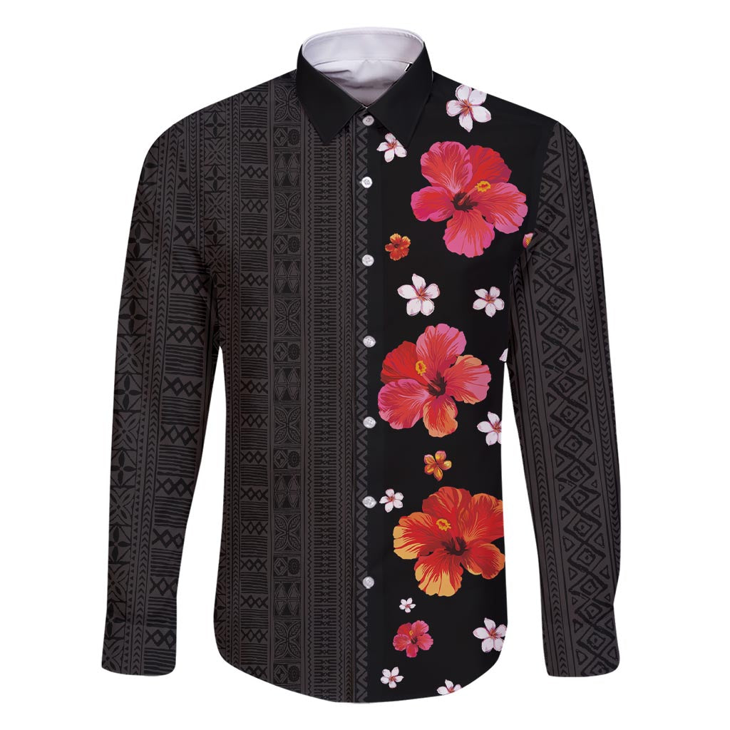 Hawaii Hibiscus and Plumeria Flowers Family Matching Short Sleeve Bodycon Dress and Hawaiian Shirt Tapa Tribal Pattern Half Style Colorful Mode LT03 Dad's Shirt - Long Sleeve Black - Polynesian Pride