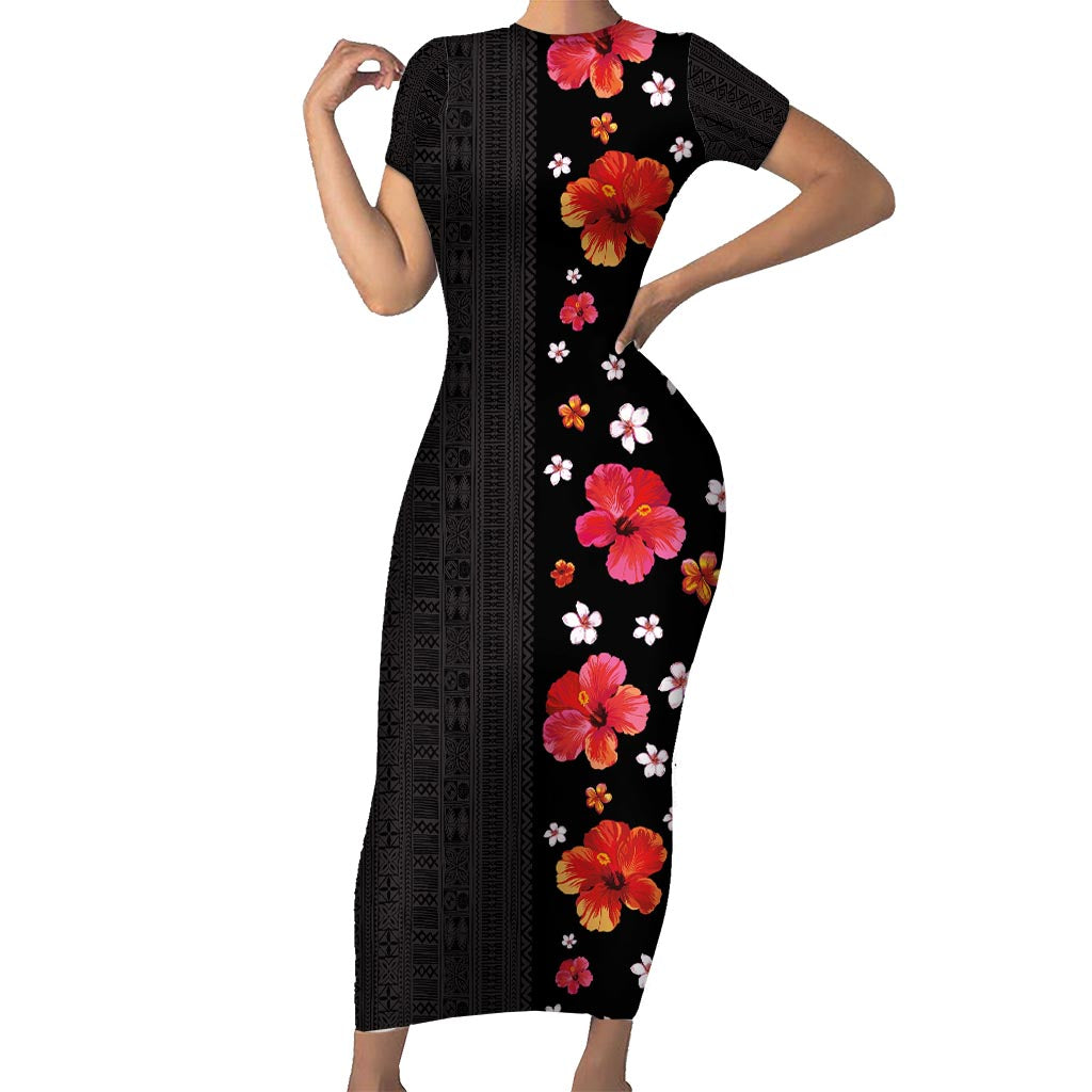 Hawaii Hibiscus and Plumeria Flowers Family Matching Short Sleeve Bodycon Dress and Hawaiian Shirt Tapa Tribal Pattern Half Style Colorful Mode LT03 Mom's Dress Black - Polynesian Pride
