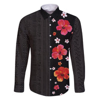 Hawaii Hibiscus and Plumeria Flowers Family Matching Summer Maxi Dress and Hawaiian Shirt Tapa Tribal Pattern Half Style Colorful Mode LT03 Dad's Shirt - Long Sleeve Black - Polynesian Pride