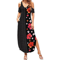 Hawaii Hibiscus and Plumeria Flowers Family Matching Summer Maxi Dress and Hawaiian Shirt Tapa Tribal Pattern Half Style Colorful Mode LT03 Mom's Dress Black - Polynesian Pride