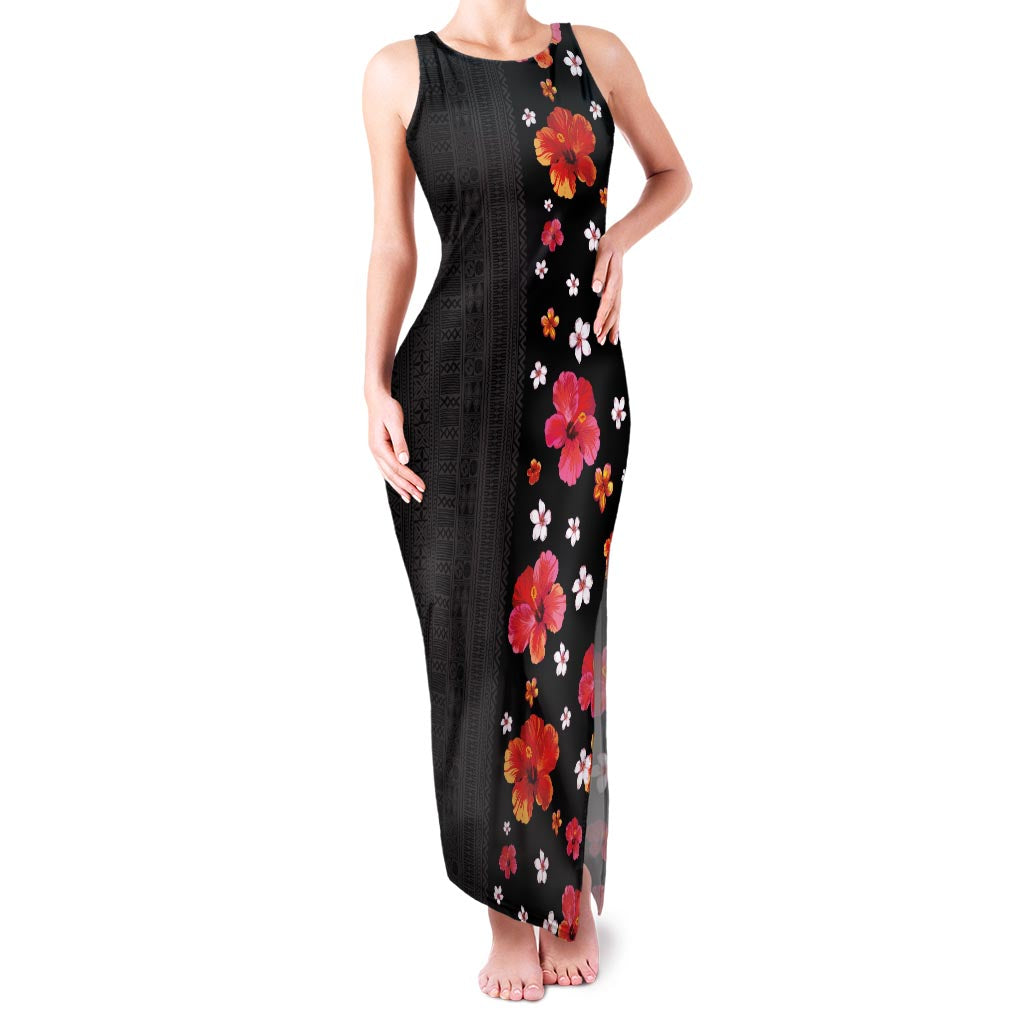 Hawaii Hibiscus and Plumeria Flowers Family Matching Tank Maxi Dress and Hawaiian Shirt Tapa Tribal Pattern Half Style Colorful Mode LT03 Mom's Dress Black - Polynesian Pride