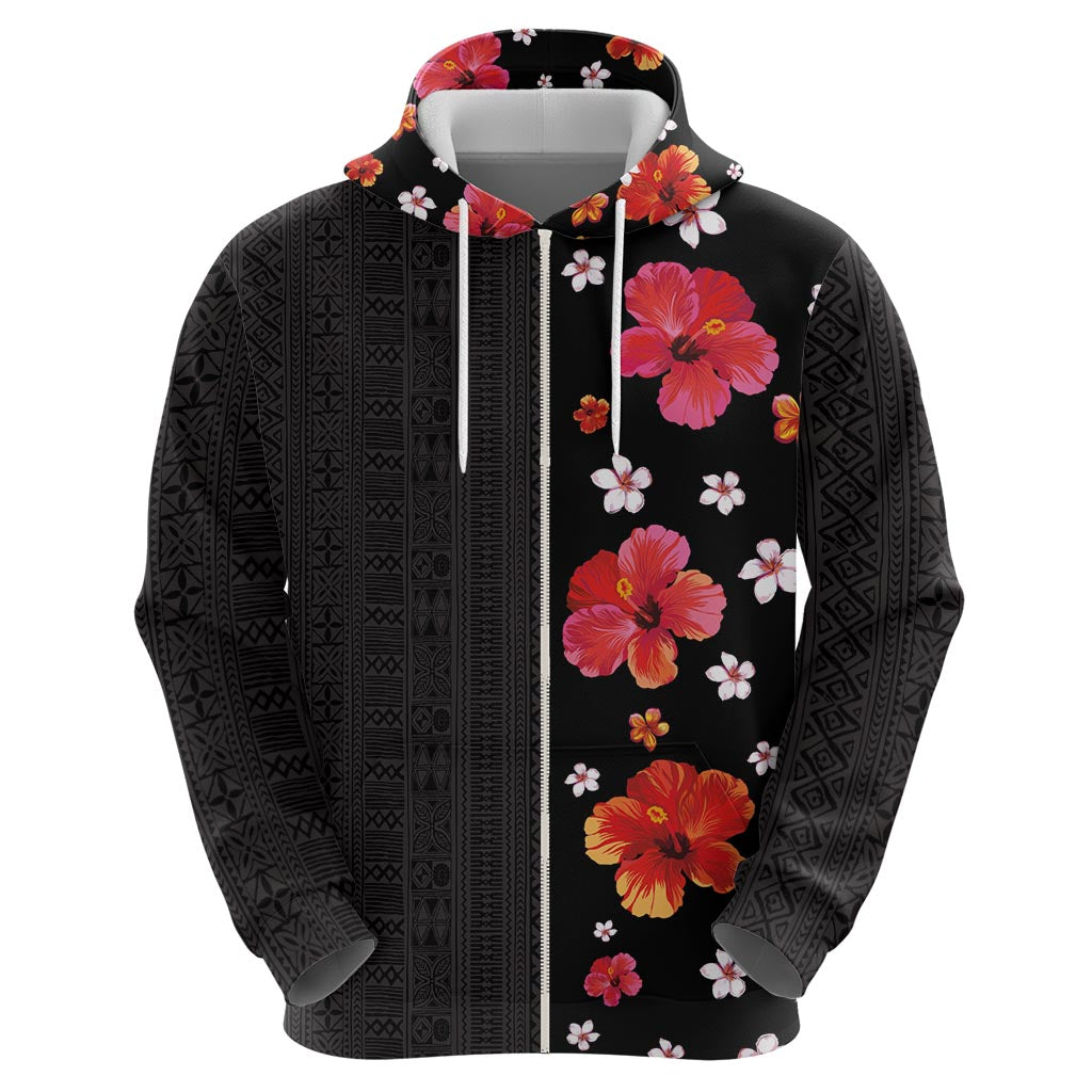 Hawaii Hibiscus and Plumeria Flowers Hoodie Tapa Tribal Pattern Half Style Colorful Mode