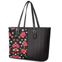 Hawaii Hibiscus and Plumeria Flowers Leather Tote Bag Tapa Tribal Pattern Half Style Colorful Mode