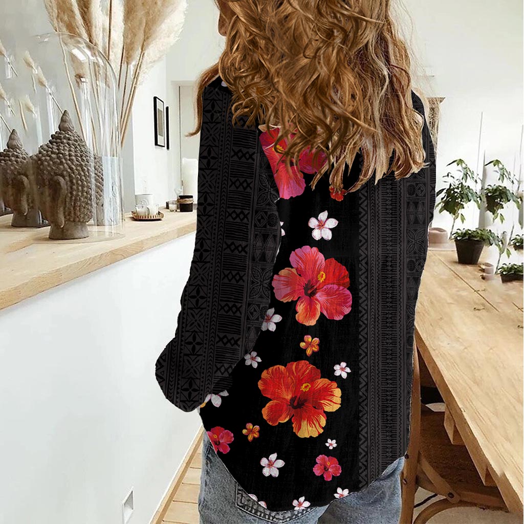 Hawaii Hibiscus and Plumeria Flowers Women Casual Shirt Tapa Tribal Pattern Half Style Colorful Mode