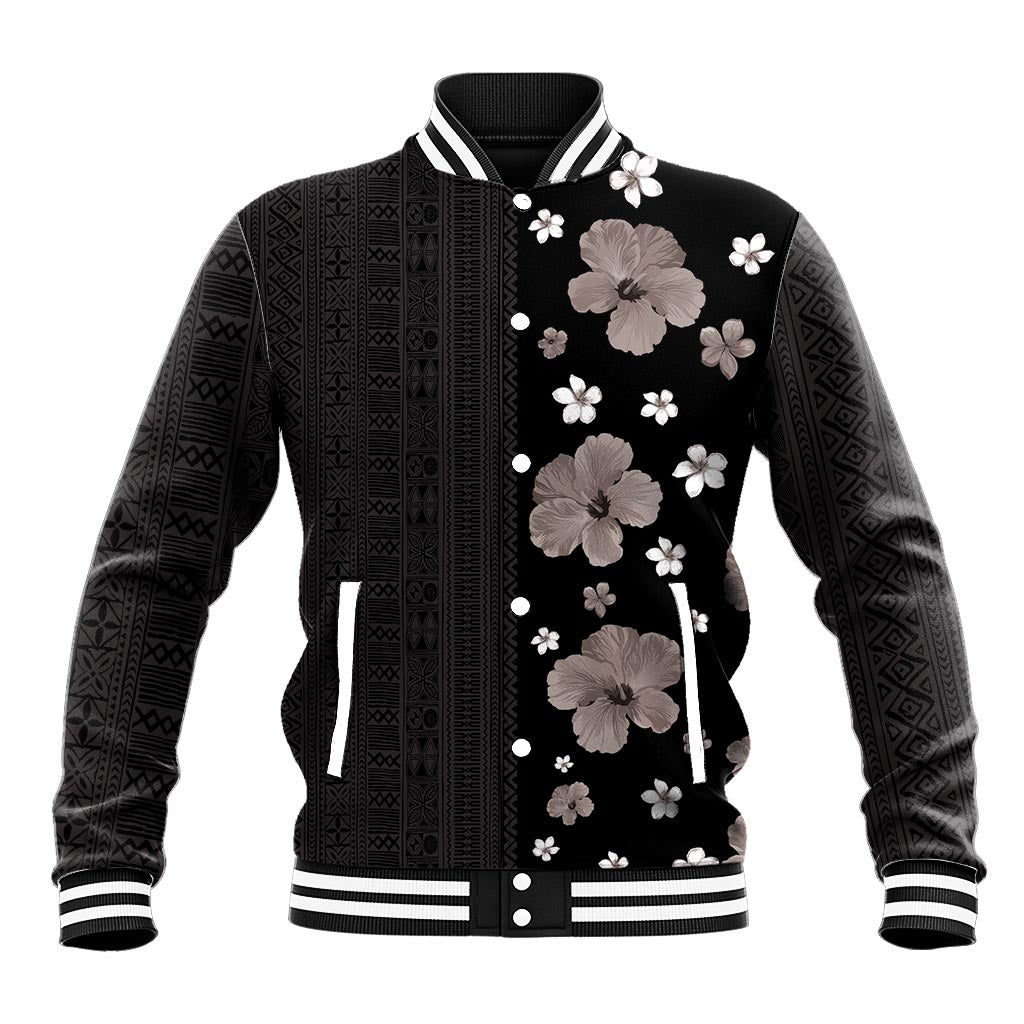 Hawaii Hibiscus and Plumeria Flowers Baseball Jacket Tapa Tribal Pattern Half Style Grayscale Mode