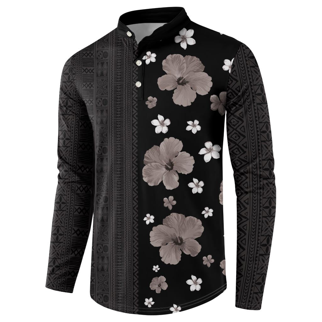 Hawaii Hibiscus and Plumeria Flowers Button Sweatshirt Tapa Tribal Pattern Half Style Grayscale Mode