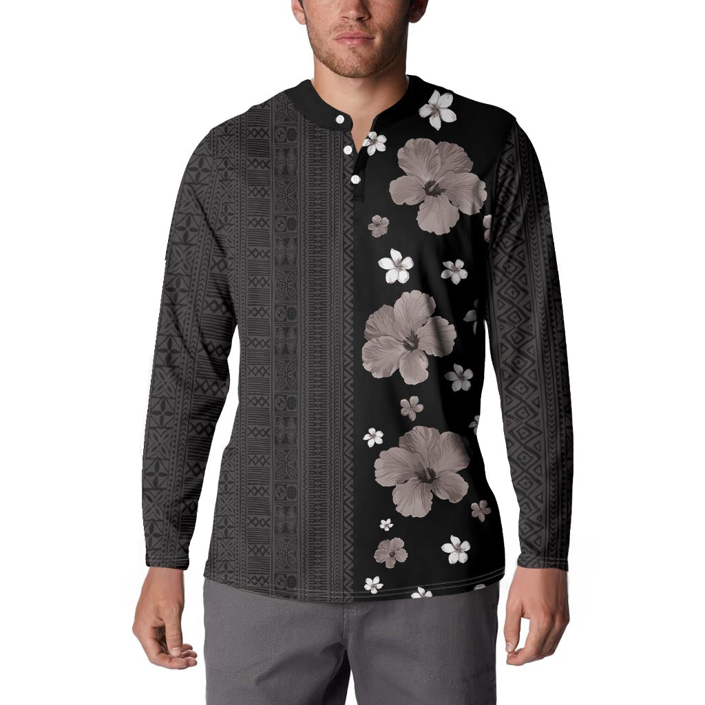Hawaii Hibiscus and Plumeria Flowers Button Sweatshirt Tapa Tribal Pattern Half Style Grayscale Mode