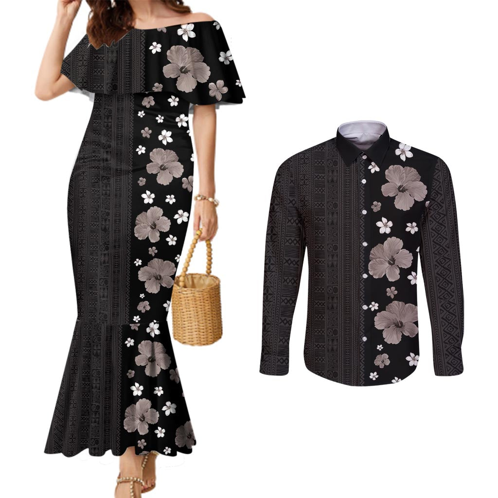 Hawaii Hibiscus and Plumeria Flowers Couples Matching Mermaid Dress and Long Sleeve Button Shirt Tapa Tribal Pattern Half Style Grayscale Mode