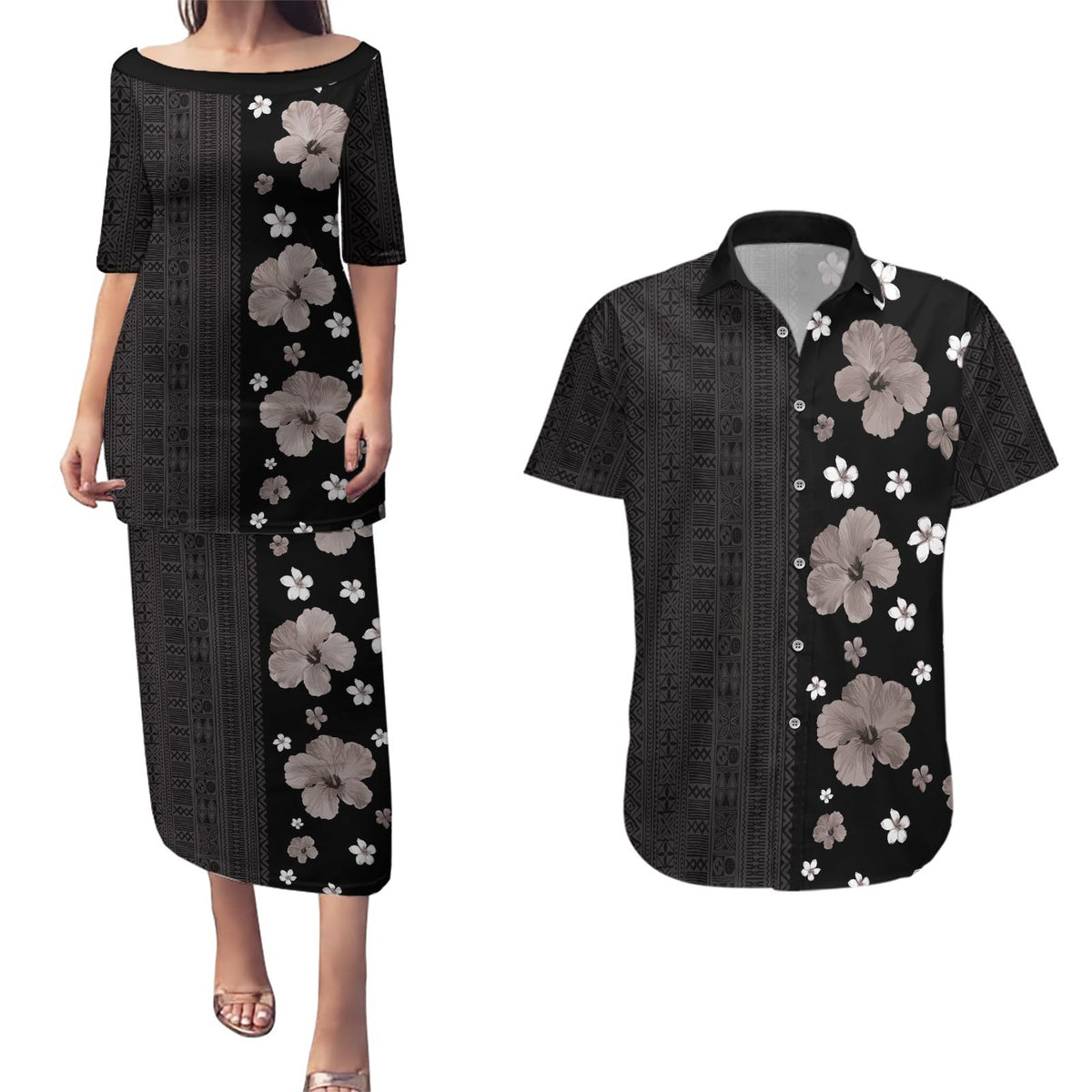 Hawaii Hibiscus and Plumeria Flowers Couples Matching Puletasi and Hawaiian Shirt Tapa Tribal Pattern Half Style Grayscale Mode