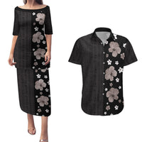 Hawaii Hibiscus and Plumeria Flowers Couples Matching Puletasi and Hawaiian Shirt Tapa Tribal Pattern Half Style Grayscale Mode