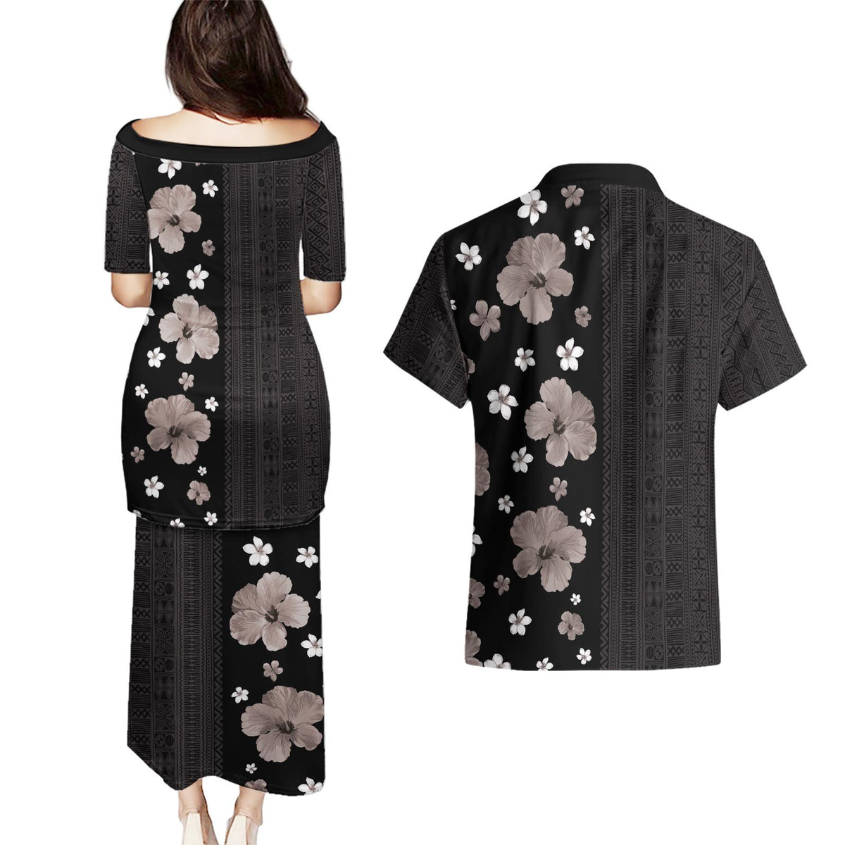 Hawaii Hibiscus and Plumeria Flowers Couples Matching Puletasi and Hawaiian Shirt Tapa Tribal Pattern Half Style Grayscale Mode