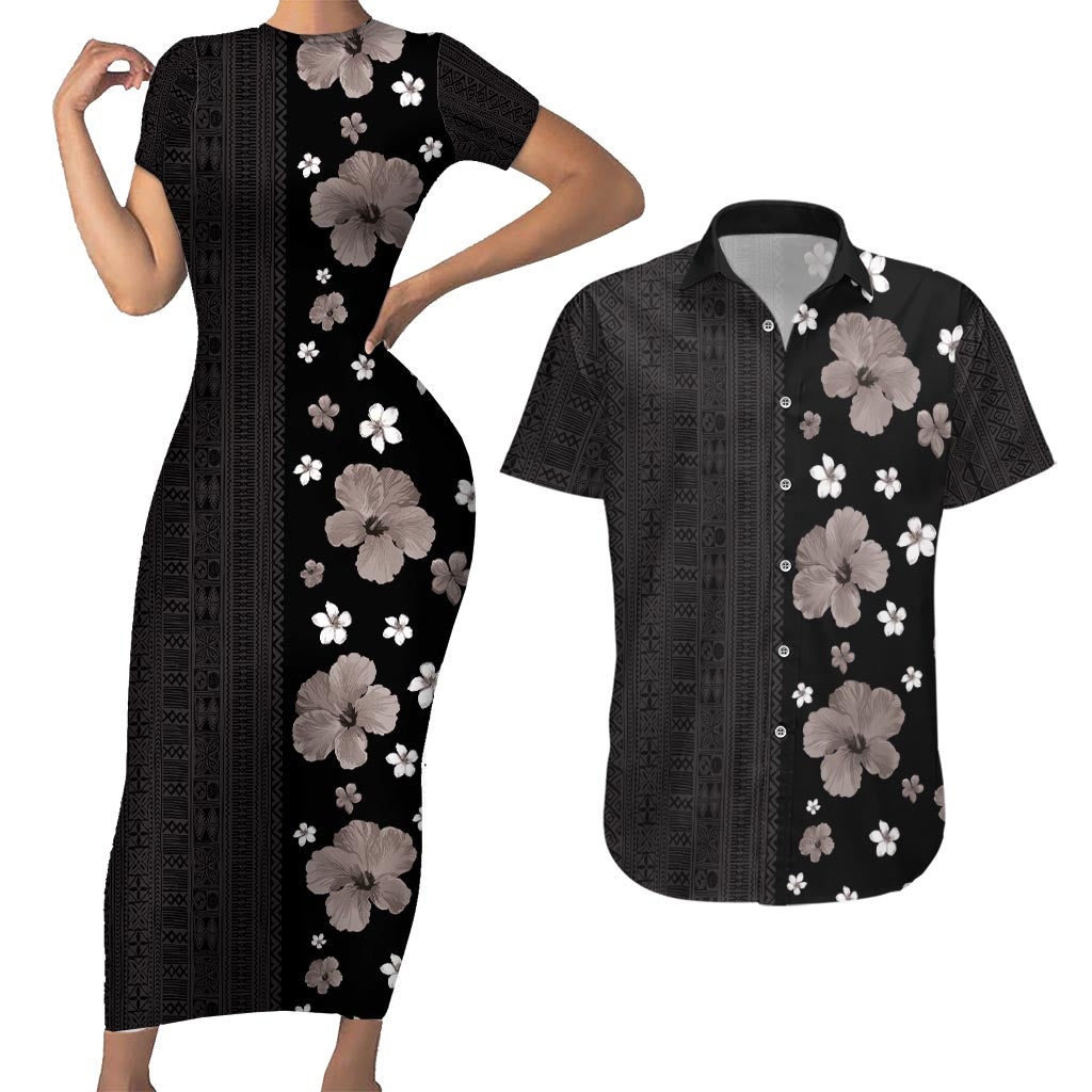 Hawaii Hibiscus and Plumeria Flowers Couples Matching Short Sleeve Bodycon Dress and Hawaiian Shirt Tapa Tribal Pattern Half Style Grayscale Mode LT03 Black - Polynesian Pride