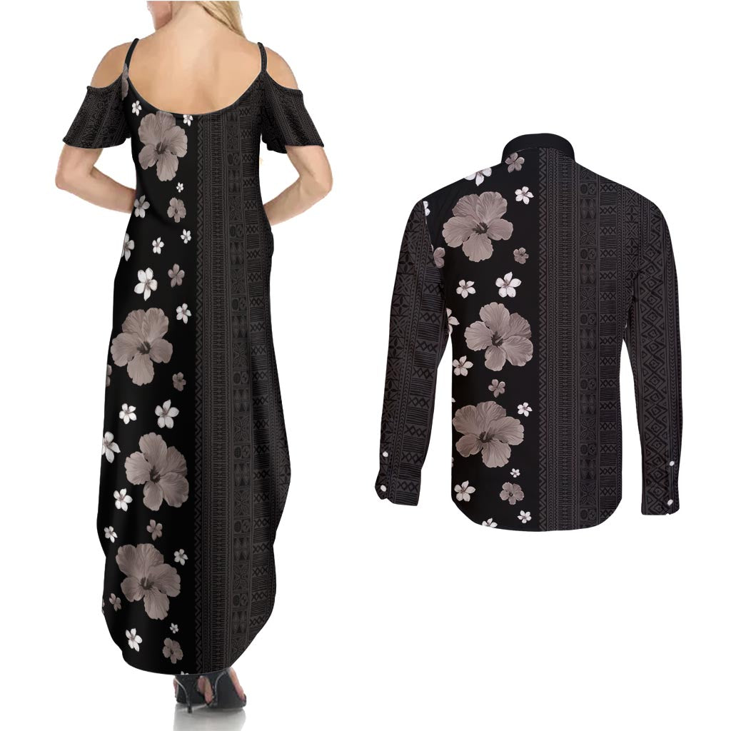 Hawaii Hibiscus and Plumeria Flowers Couples Matching Summer Maxi Dress and Long Sleeve Button Shirt Tapa Tribal Pattern Half Style Grayscale Mode