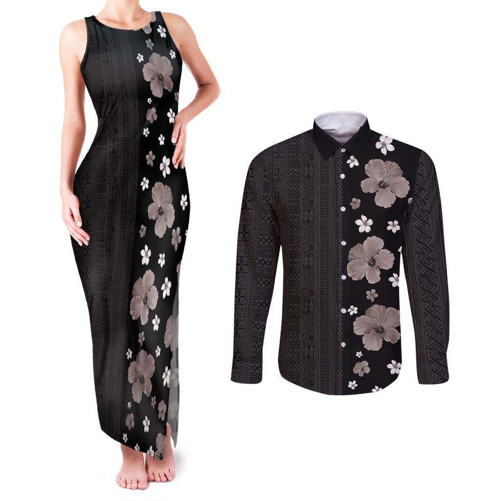 Hawaii Hibiscus and Plumeria Flowers Couples Matching Tank Maxi Dress and Long Sleeve Button Shirt Tapa Tribal Pattern Half Style Grayscale Mode