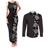 Hawaii Hibiscus and Plumeria Flowers Couples Matching Tank Maxi Dress and Long Sleeve Button Shirt Tapa Tribal Pattern Half Style Grayscale Mode