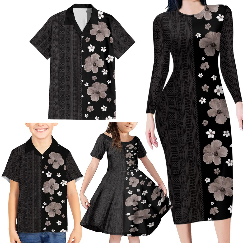 Hawaii Hibiscus and Plumeria Flowers Family Matching Long Sleeve Bodycon Dress and Hawaiian Shirt Tapa Tribal Pattern Half Style Grayscale Mode LT03 - Polynesian Pride
