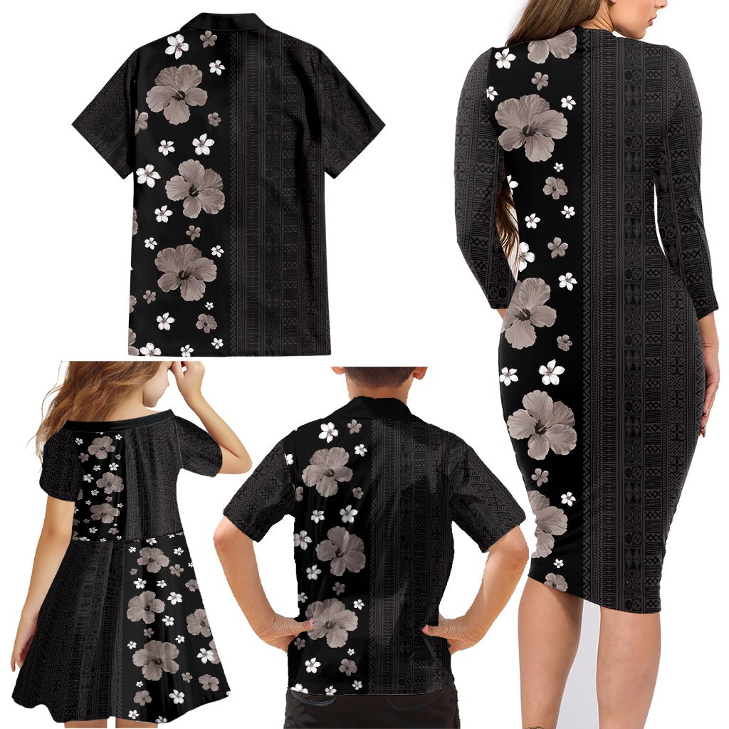Hawaii Hibiscus and Plumeria Flowers Family Matching Long Sleeve Bodycon Dress and Hawaiian Shirt Tapa Tribal Pattern Half Style Grayscale Mode LT03 - Polynesian Pride
