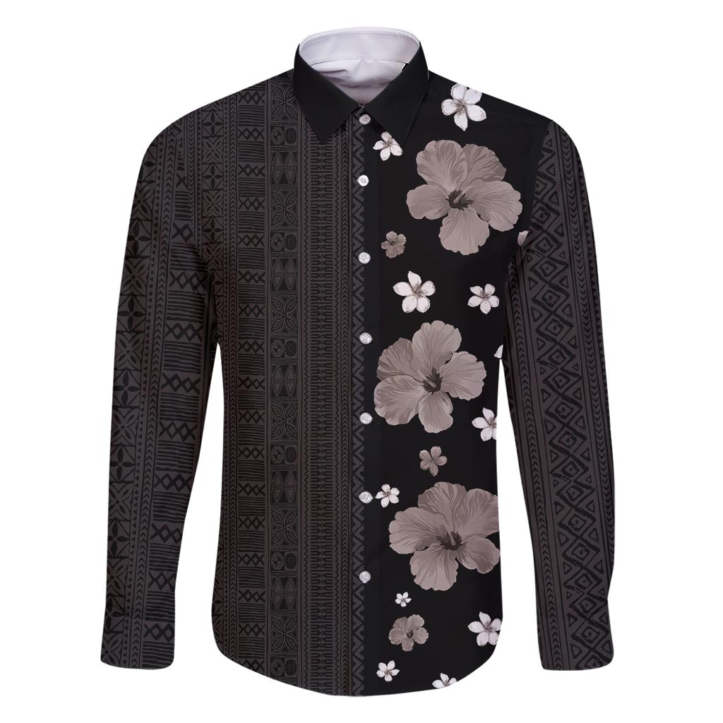 Hawaii Hibiscus and Plumeria Flowers Family Matching Long Sleeve Bodycon Dress and Hawaiian Shirt Tapa Tribal Pattern Half Style Grayscale Mode LT03 Dad's Shirt - Long Sleeve Black - Polynesian Pride