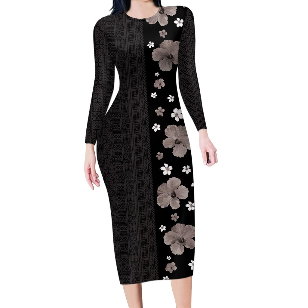 Hawaii Hibiscus and Plumeria Flowers Family Matching Long Sleeve Bodycon Dress and Hawaiian Shirt Tapa Tribal Pattern Half Style Grayscale Mode LT03 Mom's Dress Black - Polynesian Pride