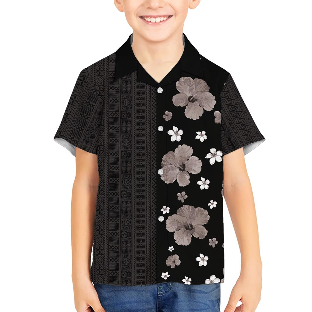 Hawaii Hibiscus and Plumeria Flowers Family Matching Long Sleeve Bodycon Dress and Hawaiian Shirt Tapa Tribal Pattern Half Style Grayscale Mode LT03 Son's Shirt Black - Polynesian Pride