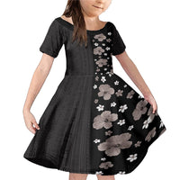 Hawaii Hibiscus and Plumeria Flowers Family Matching Mermaid Dress and Hawaiian Shirt Tapa Tribal Pattern Half Style Grayscale Mode LT03 Daughter's Dress Black - Polynesian Pride