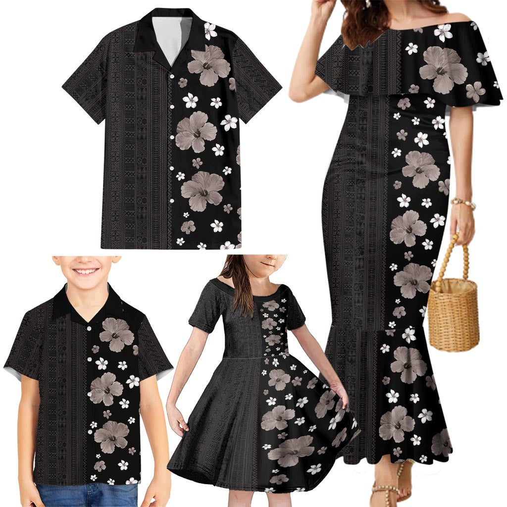 Hawaii Hibiscus and Plumeria Flowers Family Matching Mermaid Dress and Hawaiian Shirt Tapa Tribal Pattern Half Style Grayscale Mode LT03 - Polynesian Pride
