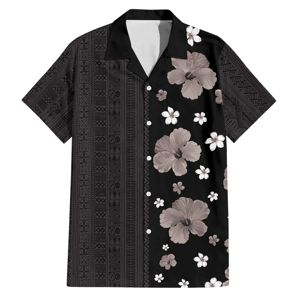 Hawaii Hibiscus and Plumeria Flowers Family Matching Mermaid Dress and Hawaiian Shirt Tapa Tribal Pattern Half Style Grayscale Mode LT03 Dad's Shirt - Short Sleeve Black - Polynesian Pride