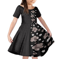 Hawaii Hibiscus and Plumeria Flowers Family Matching Off The Shoulder Long Sleeve Dress and Hawaiian Shirt Tapa Tribal Pattern Half Style Grayscale Mode LT03 Daughter's Dress Black - Polynesian Pride