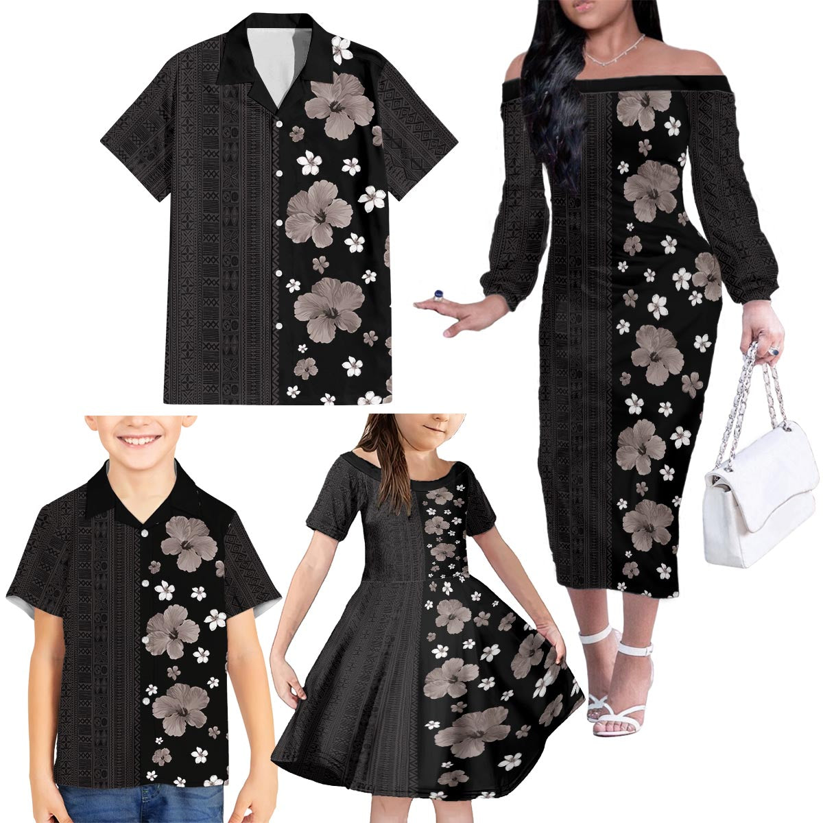 Hawaii Hibiscus and Plumeria Flowers Family Matching Off The Shoulder Long Sleeve Dress and Hawaiian Shirt Tapa Tribal Pattern Half Style Grayscale Mode LT03 - Polynesian Pride