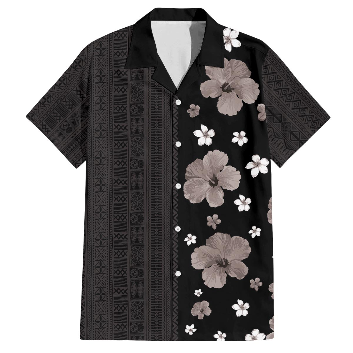Hawaii Hibiscus and Plumeria Flowers Family Matching Off The Shoulder Long Sleeve Dress and Hawaiian Shirt Tapa Tribal Pattern Half Style Grayscale Mode LT03 Dad's Shirt - Short Sleeve Black - Polynesian Pride