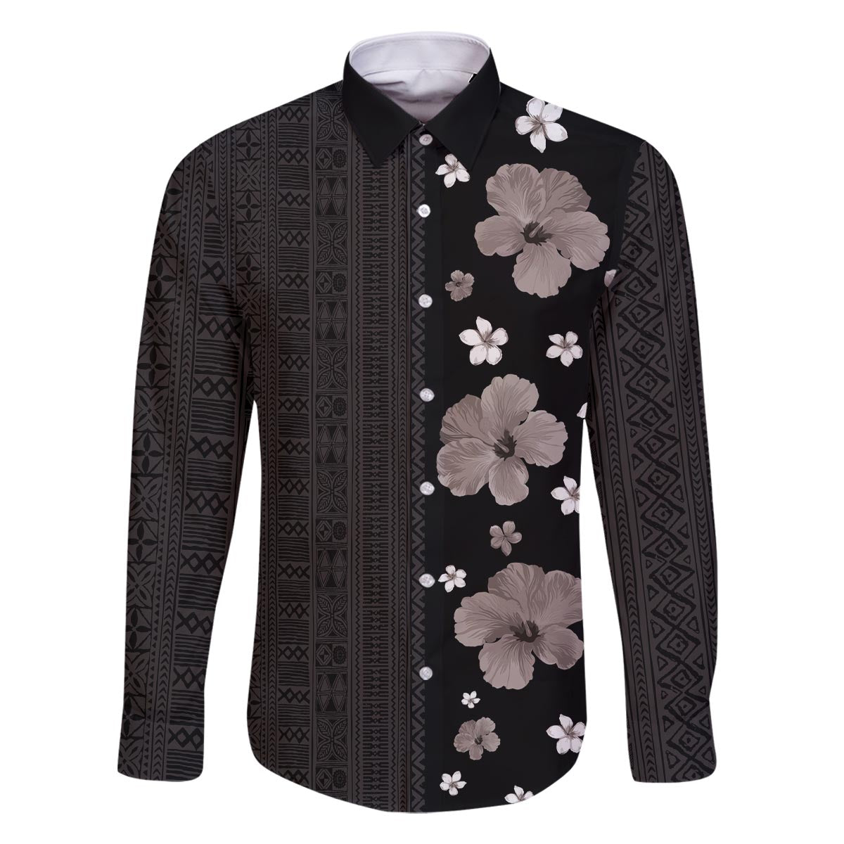 Hawaii Hibiscus and Plumeria Flowers Family Matching Off The Shoulder Long Sleeve Dress and Hawaiian Shirt Tapa Tribal Pattern Half Style Grayscale Mode LT03 Dad's Shirt - Long Sleeve Black - Polynesian Pride