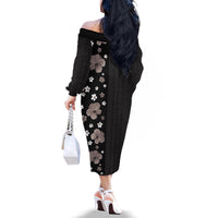 Hawaii Hibiscus and Plumeria Flowers Family Matching Off The Shoulder Long Sleeve Dress and Hawaiian Shirt Tapa Tribal Pattern Half Style Grayscale Mode LT03 - Polynesian Pride