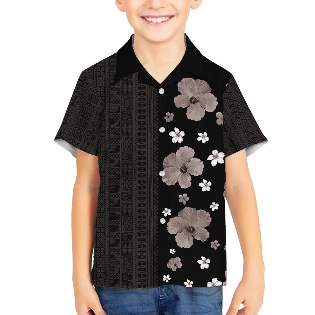 Hawaii Hibiscus and Plumeria Flowers Family Matching Off The Shoulder Long Sleeve Dress and Hawaiian Shirt Tapa Tribal Pattern Half Style Grayscale Mode LT03 Son's Shirt Black - Polynesian Pride