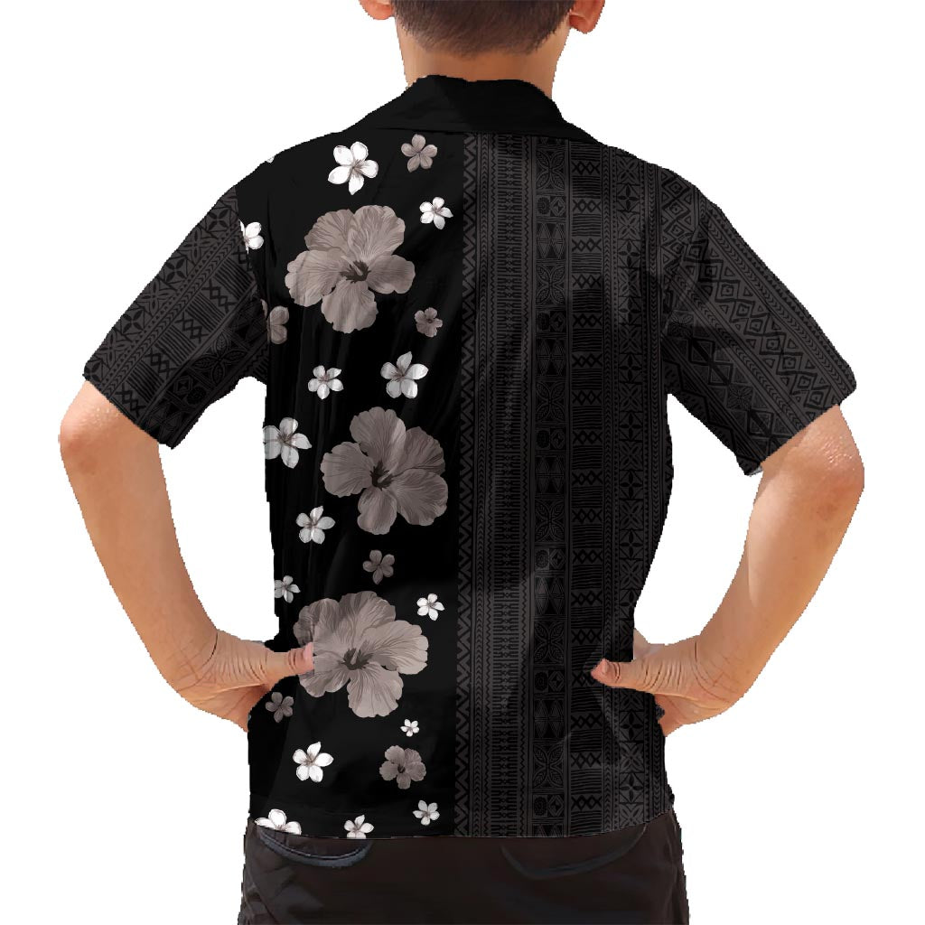 Hawaii Hibiscus and Plumeria Flowers Family Matching Off Shoulder Maxi Dress and Hawaiian Shirt Tapa Tribal Pattern Half Style Grayscale Mode LT03 - Polynesian Pride