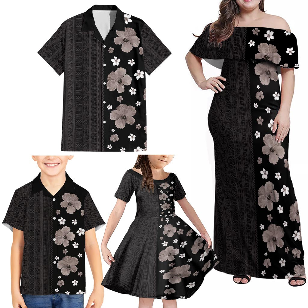 Hawaii Hibiscus and Plumeria Flowers Family Matching Off Shoulder Maxi Dress and Hawaiian Shirt Tapa Tribal Pattern Half Style Grayscale Mode LT03 - Polynesian Pride